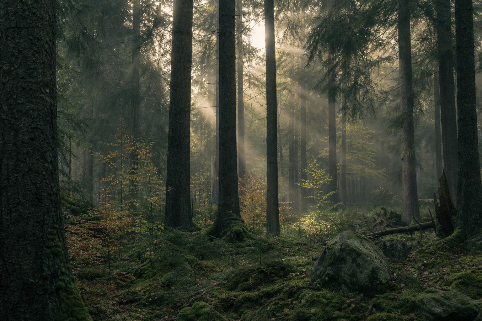 Dichter Harzwald mit Morgenlicht zwischen Baumstämmen